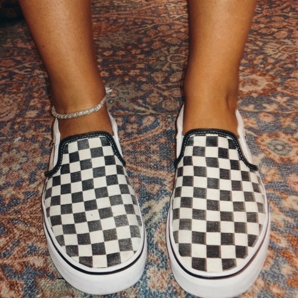 black & creamy white checkered slip on vans